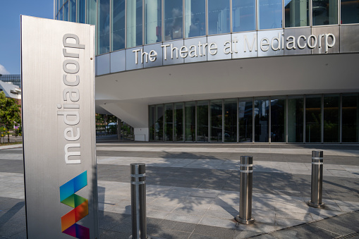 Singapore, Singapore - October 14, 2023: Mediacorp signage in front of theatre located at the broadcaster's One-north campus.