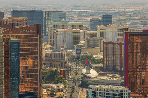 Las Vegas. USA. 10.15.2023. Beautiful aerial view of Las Vegas Strip with casino hotel skyscrapers.