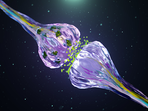 3D Rendered Illustration, visualization of Neurons firing neurotransmitters in the synaptic gap.