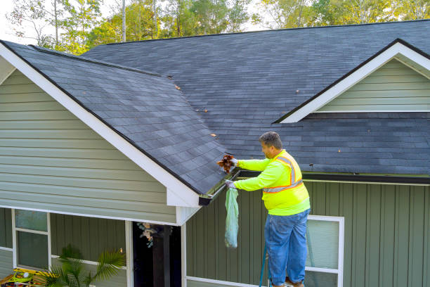 istock Worker is cleaning clogged roof gutter from dirt, debris fallen leaves to prevent water 1735405669