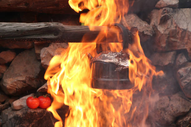 istock A grey kettle cooking on a campfire with flames surrounding it. 1735406736