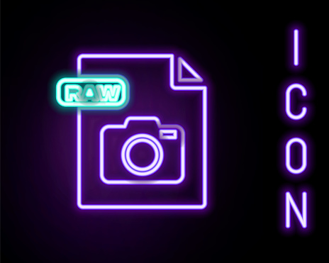 Glowing neon line RAW file document. Download raw button icon isolated on black background. RAW file symbol. Colorful outline concept. Vector.