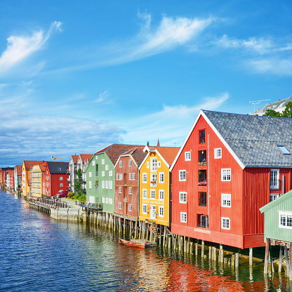 Colorful houses in old town of Trondheim, Norway. Composite photo