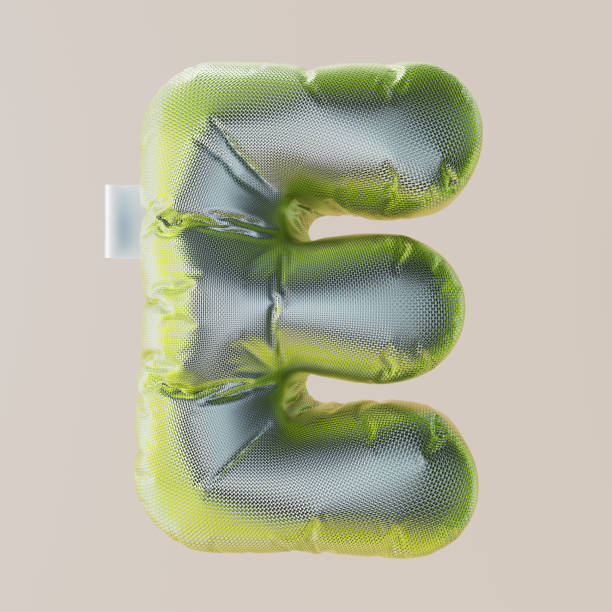 istock Inflated, bubble, metal, silver, metal scales, squama 3D letter E. 3D rendering. 1735407375