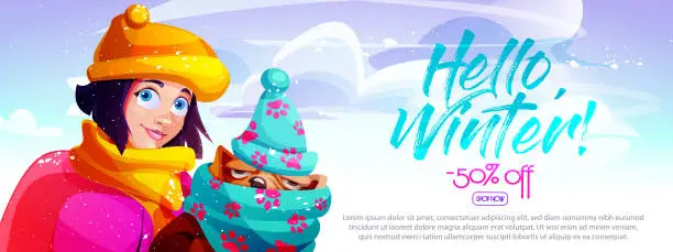 Vector illustration of Speed skiing and winter holiday concept in cartoon style. A young girl skier with a bulldog and skis against the background of a clear winter sky. Close-up. Creative web banner with place for text.