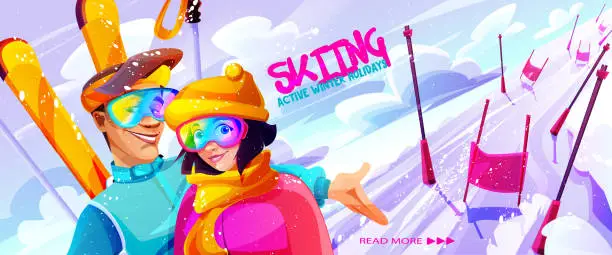 Vector illustration of Speed skiing and winter holiday concept in cartoon style. A young couple of a girl and a guy with skis against the backdrop of a ski slope with flags. Close-up. Creative web banner.