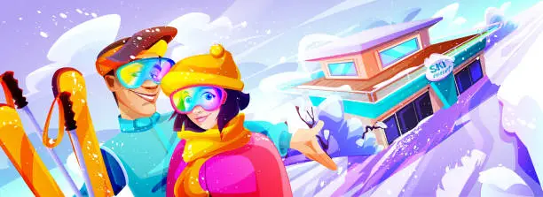 Vector illustration of Speed skiing and winter holiday concept in cartoon style. A young couple, a girl and a guy with skis against the backdrop of a ski resort. Close-up.