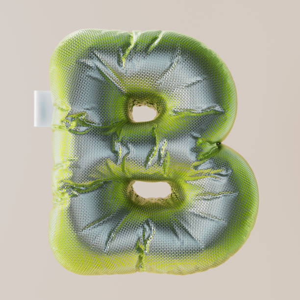 Inflated, bubble, metal, silver, metal scales, squama 3D letter B. 3D rendering.