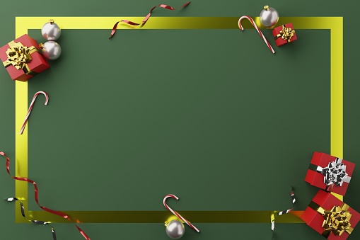 Top view of a 3D Render of a christmas frame with copy space on green background. The composition includes some christmas gifts, candy canes and christmas balls.