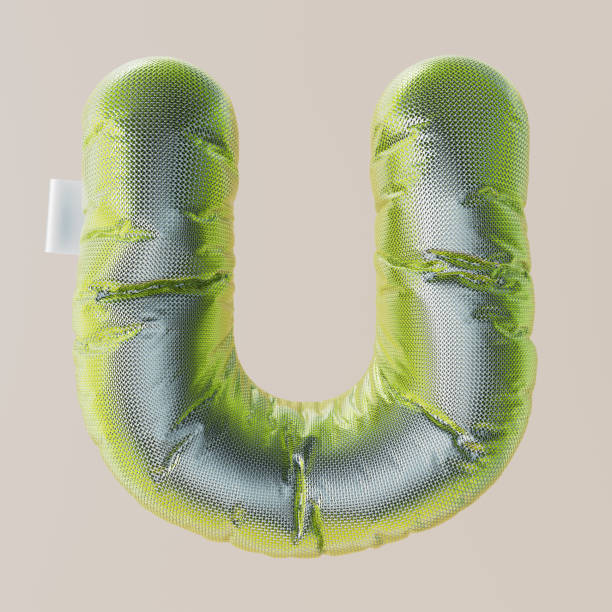 istock Inflated, bubble, metal, silver, metal scales, squama 3D letter U. 3D rendering. 1735408962