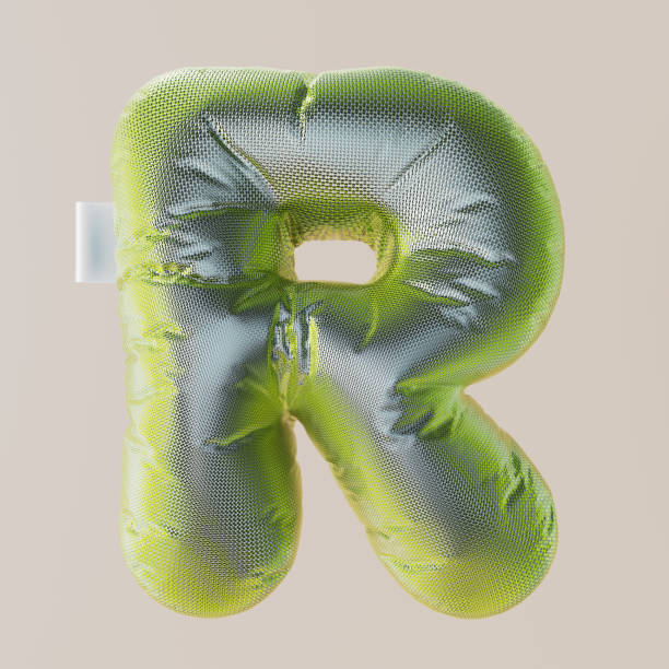 istock Inflated, bubble, metal, silver, metal scales, squama 3D letter R. 3D rendering. 1735409009