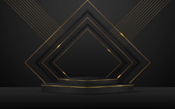 istock Black podium with black squares and elegant gold lines on the back 1735409013