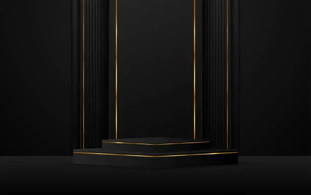Vector illustration of Black podium with elegant gold lines for product presentation