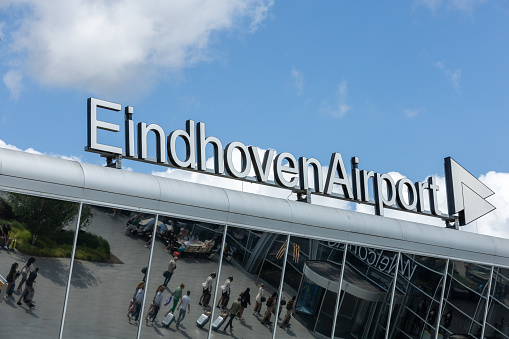 Eindhoven, the Netherlands. 26 June 2023. Eindhoven airport logo sign. Eindhoven Airport, an airport located in the Brabant city of Eindhoven, is the second largest airport in the Netherlands.