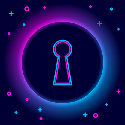 Glowing neon line Keyhole icon isolated on black background. Key of success solution. Keyhole express the concept of riddle, secret, safety, security. Colorful outline concept. Vector.