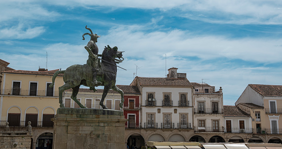 Panoramic of the main square of the town of Trujillo with the statue of Francisco Pizarro and its traditional architecture, Spain