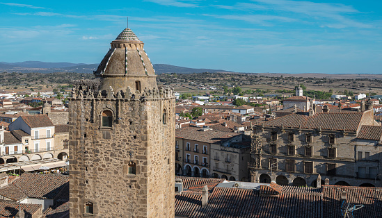 Torre del alfiler of Arab origin over the main square of the medieval town of Trujillo, Spain
