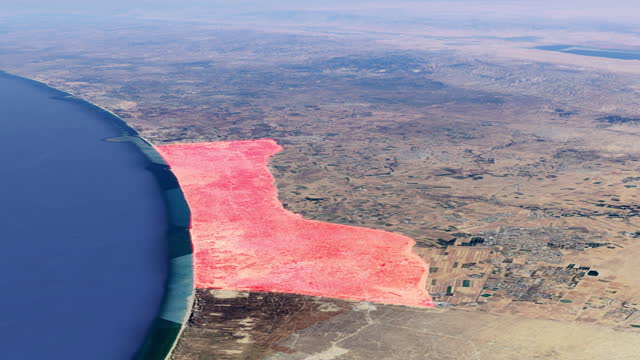 A 3D visual of the earth zooming into the Palestinian Gaza Strip, southeast of Israel. The Gaza Strip is highlighted in red, and the Rafah crossing is visible.