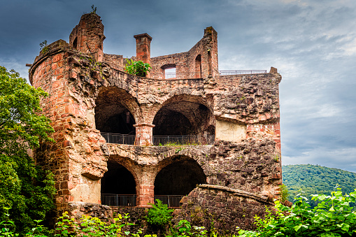 Heidelberg, Germany - August 26, 2023: Ruin of the tower of the castle in Heidelberg in Germany