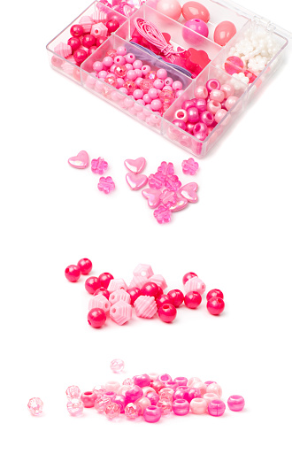 Pink bead collection. Beading craft accessory, beads set, beadwork handicraft elements