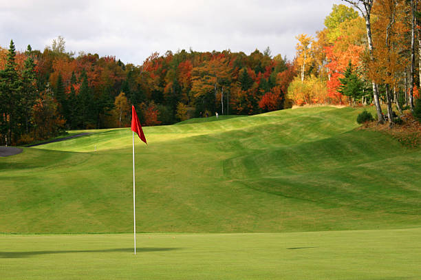 a górzysty pole golfowe z multicolored liście na drzewach. - red flag sports flag golf zdjęcia i obrazy z banku zdjęć