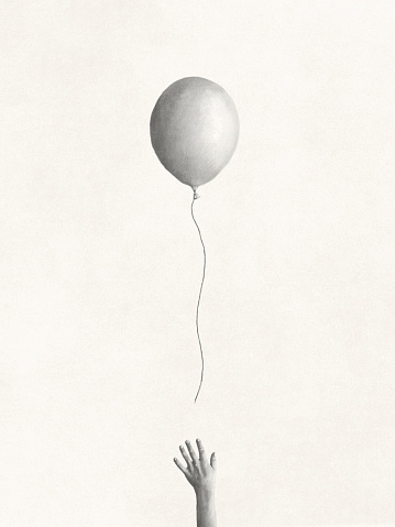 Illustration of a hand let white balloon fly free minimal concept