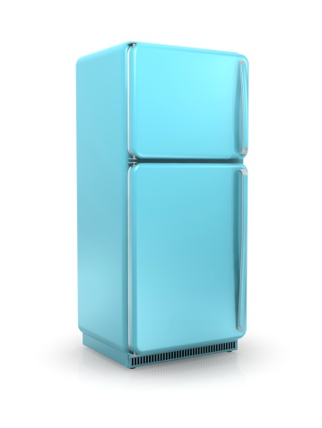 Baby blue vintage refrigerator on a white background.Could be a useful image for a food or diet composition.This is a detailed 3d rendering.
