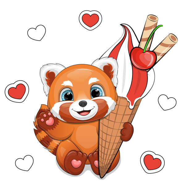 illustrations, cliparts, dessins animés et icônes de un mignon panda roux de dessin animé tient une grande glace. - young animal baby panda red