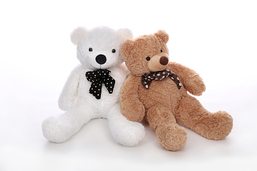 Two Teddy bears hugging each other over white background