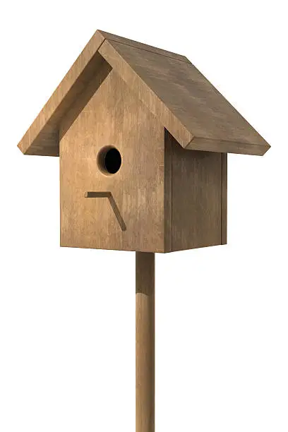 Wooden bird house on a pole with a white background.Could be a useful element in a composition.This is a detailed 3d rendering.