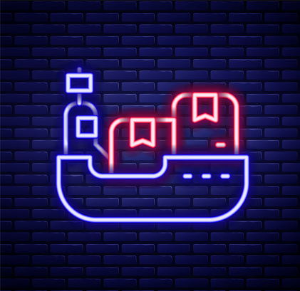 Glowing neon line Cargo ship with boxes delivery service icon isolated on brick wall background. Delivery, transportation. Freighter with parcels, boxes, goods. Colorful outline concept. Vector.
