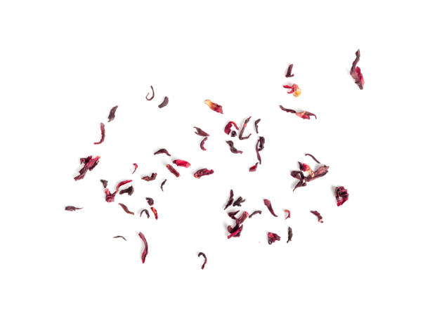 dry hibiscus tea isolated, dry rose petals, fruit red tea, karkade leaves, dried herbal drink, roselle petal - dry tea imagens e fotografias de stock