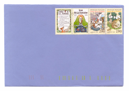 French envelope with 4 canceled stamps of Jean De La Fontaine. Jean De La Fontaine is French poet, whose fables rank among the masterpieces of world literature.