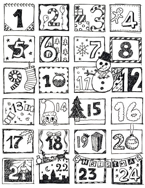 illustrazioni stock, clip art, cartoni animati e icone di tendenza di calendario dell'avvento scarabocchio - wrapping paper christmas gift snowman