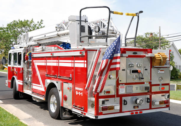 istock fire truck with american flag 173548496