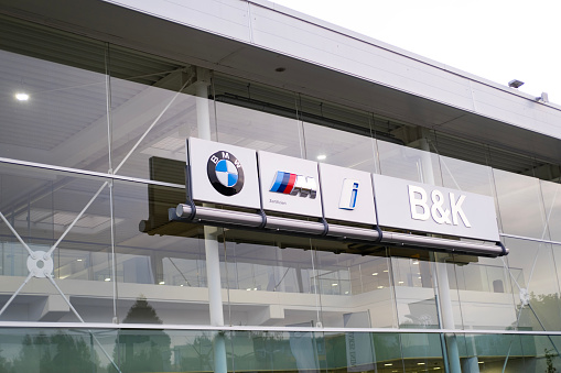 Advertising banners of automotive concern BMW Group, Sales Office, concept Advertising and Marketing in Automotive Industry, Modern Vehicle Sales, Frankfurt - October 11, 2023