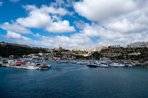 Gozo, Malta, May 3, 2023. Gozo, Malta. The second island in size in Malta. Harbor view with the old city and Cathedral in the back