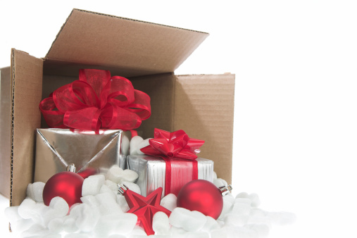 Christmas presents in a shipping box and ornamentsPlease see similar images in my Christmas Lightbox: