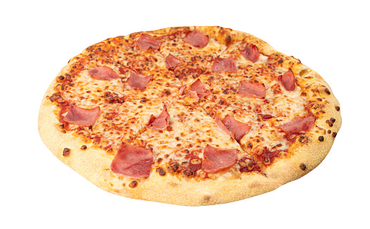 Italian Pizza Isolated, Ham Pizza with Mozzarella Cheese, Traditional Italian Flatbread Cut Out on White Background, Clipping Path
