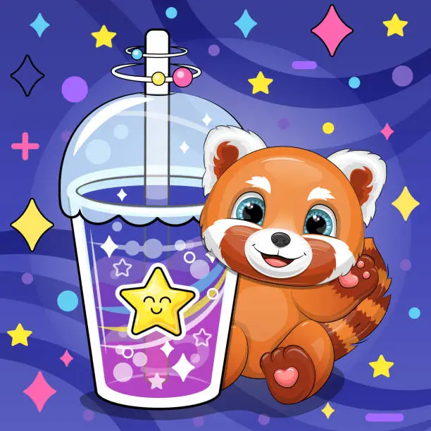 Vector illustration of Cute cartoon red panda with star drink.