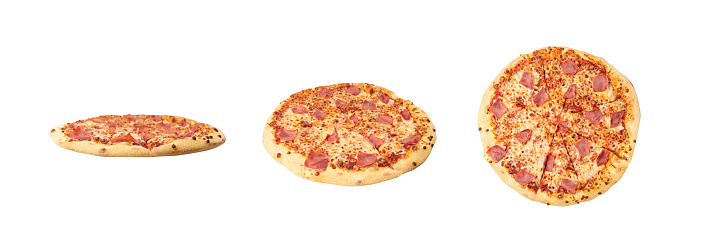 Italian Pizza Isolated, Ham Pizza with Mozzarella Cheese, Traditional Italian Flatbread Cut Out on White Background, Clipping Path