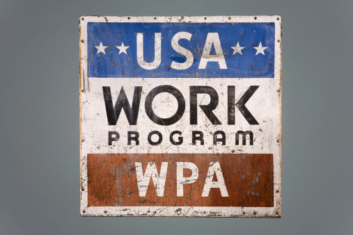 An original Work Projects Administration sign from the 1930's. The WPA was a huge part of the New Deal during the Great Depression. Sign set on a blue/gray background. Canon 5D.