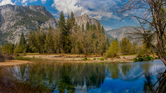 Yosemite river reflecting the mountains and sky above