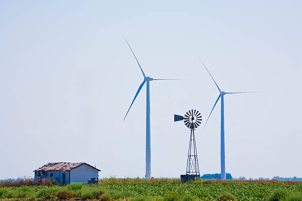 wind turbines located on farmland near Lake Benton Minnesota with transmission lines in the background