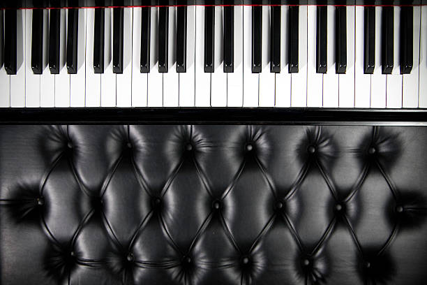 A view from directly above a grand piano and piano bench; horizontal with black copy space.