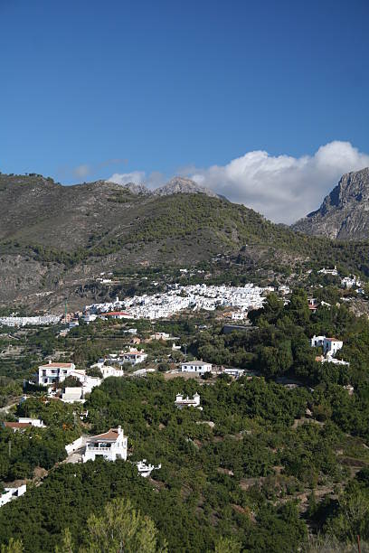 Frigiliana Spanish hillside white village. Southern Spain #1 "Frigiliana, Malaga Province - Costa del Sol, Southern Spain with Sierra Almijara in background. White villas and olive trees." almijara stock pictures, royalty-free photos & images