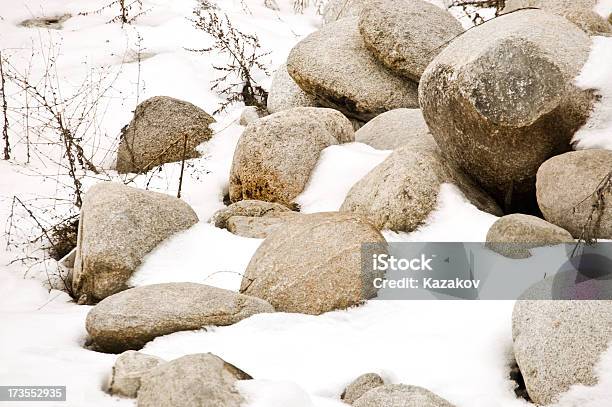 Snow And Stones Near The River Stock Photo - Download Image Now - Backgrounds, Beige, Climate