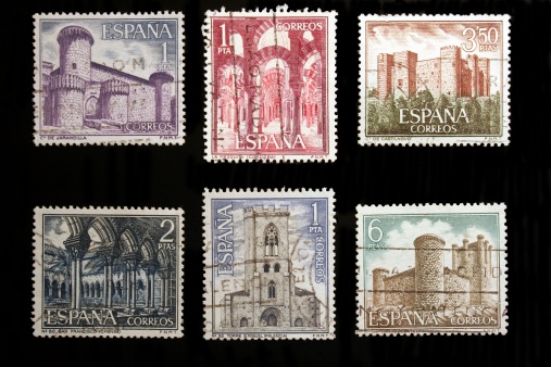 Set of six Spanish cancelled stamps with some local landmarks.