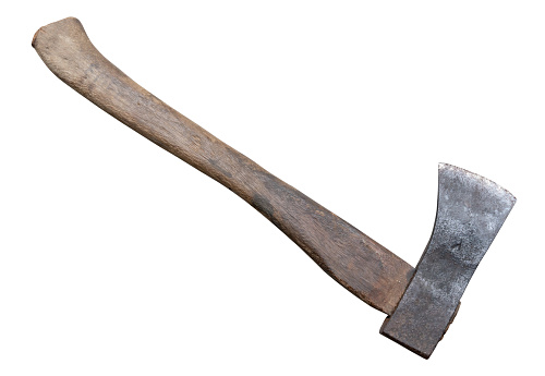 Old rust dirty dark gray axe with brown wooden handle is isolated on white background with clipping path.