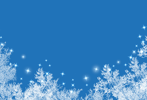 Rime frost at bottom with sparkling stars on blue background. Fabulous landscape. Winter, holiday. Copy space
